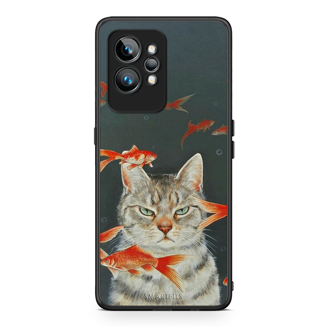 Θήκη Realme GT2 Pro Cat Goldfish από τη Smartfits με σχέδιο στο πίσω μέρος και μαύρο περίβλημα | Realme GT2 Pro Cat Goldfish Case with Colorful Back and Black Bezels