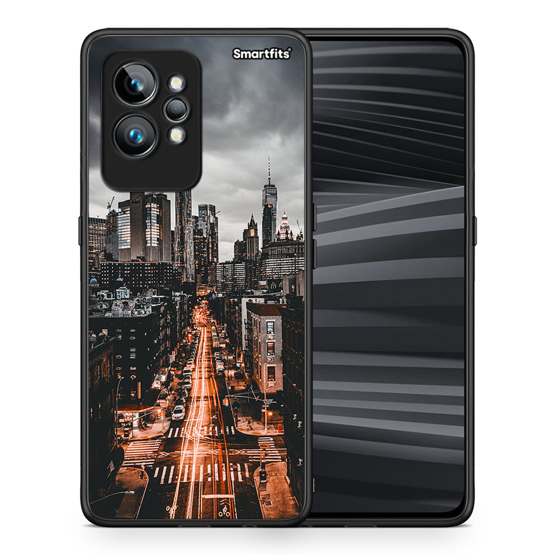 Θήκη Realme GT2 City Lights από τη Smartfits με σχέδιο στο πίσω μέρος και μαύρο περίβλημα | Realme GT2 City Lights Case with Colorful Back and Black Bezels