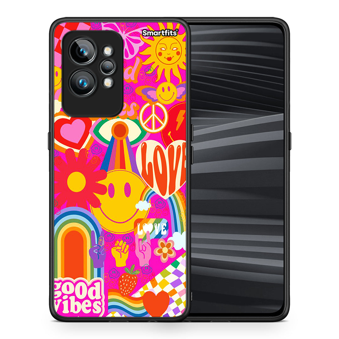 Θήκη Realme GT2 Hippie Love από τη Smartfits με σχέδιο στο πίσω μέρος και μαύρο περίβλημα | Realme GT2 Hippie Love Case with Colorful Back and Black Bezels