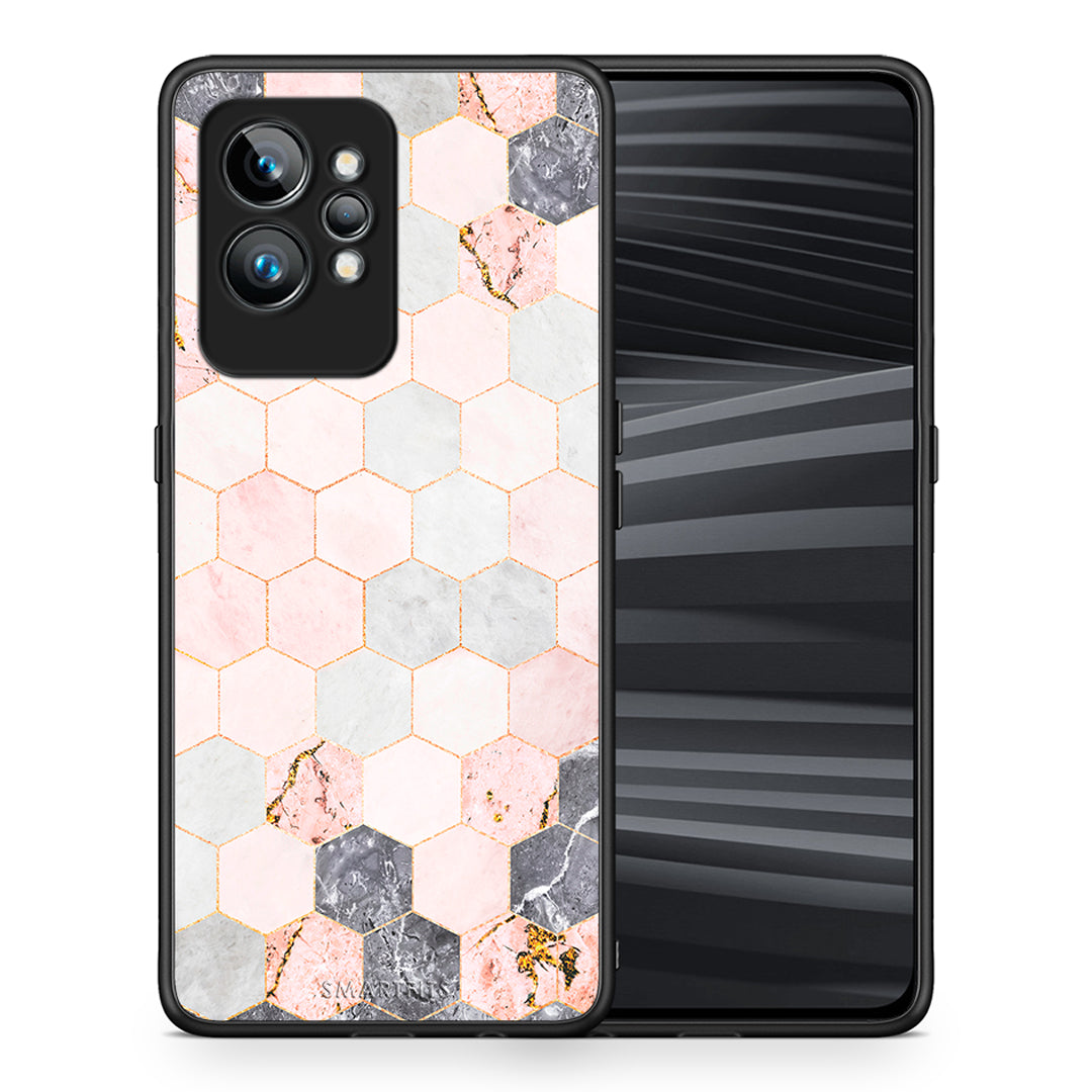Θήκη Realme GT2 Marble Hexagon Pink από τη Smartfits με σχέδιο στο πίσω μέρος και μαύρο περίβλημα | Realme GT2 Marble Hexagon Pink Case with Colorful Back and Black Bezels