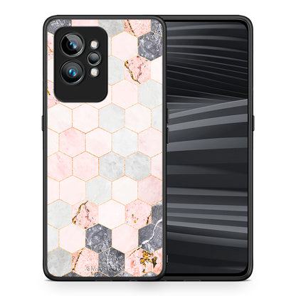 Θήκη Realme GT2 Marble Hexagon Pink από τη Smartfits με σχέδιο στο πίσω μέρος και μαύρο περίβλημα | Realme GT2 Marble Hexagon Pink Case with Colorful Back and Black Bezels