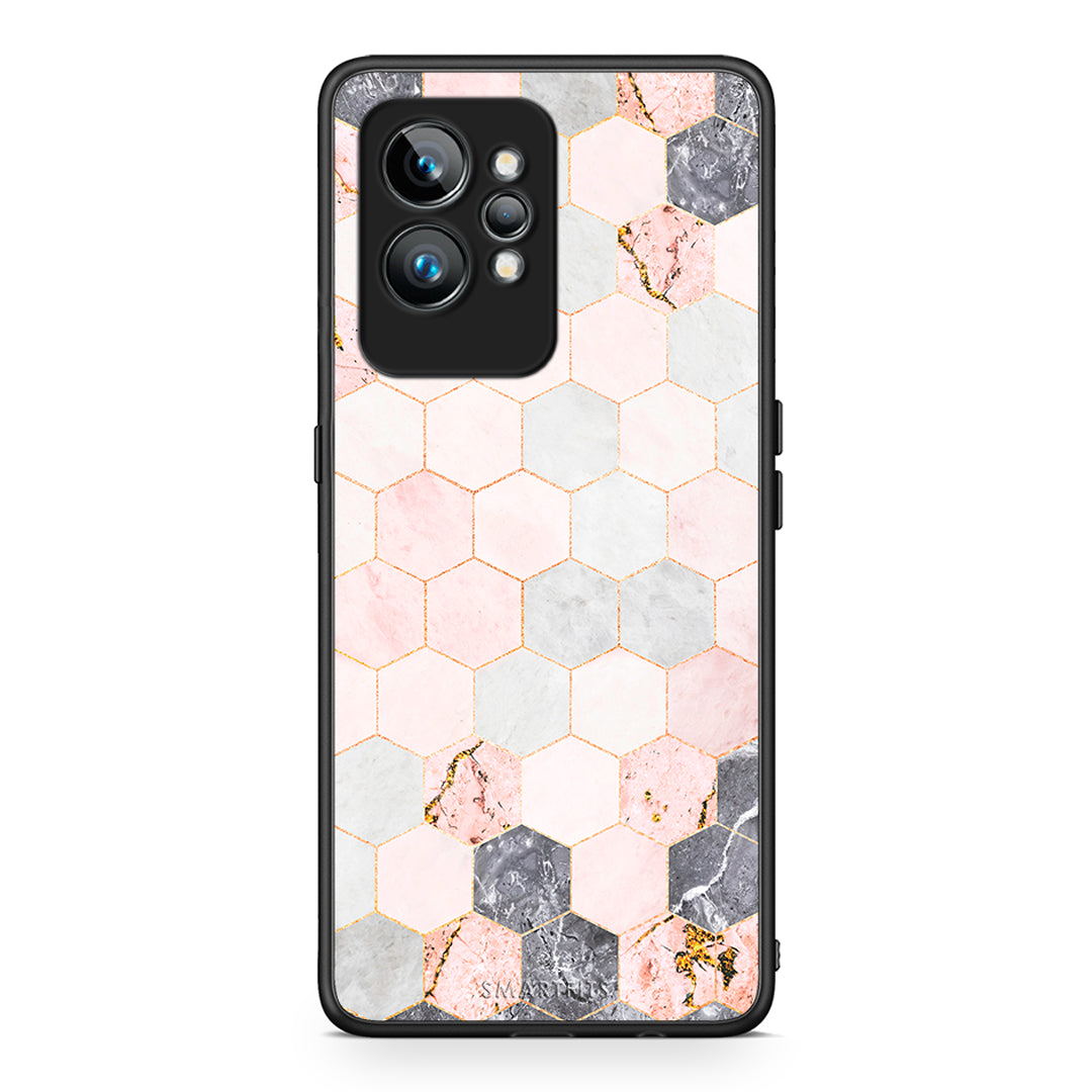 Θήκη Realme GT2 Marble Hexagon Pink από τη Smartfits με σχέδιο στο πίσω μέρος και μαύρο περίβλημα | Realme GT2 Marble Hexagon Pink Case with Colorful Back and Black Bezels
