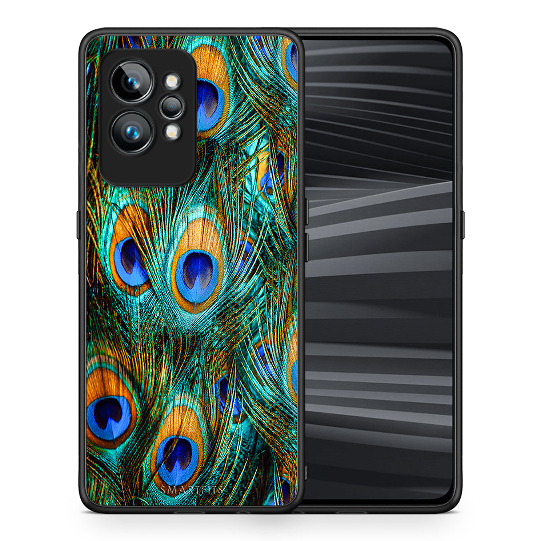 Θήκη Realme GT2 Real Peacock Feathers από τη Smartfits με σχέδιο στο πίσω μέρος και μαύρο περίβλημα | Realme GT2 Real Peacock Feathers Case with Colorful Back and Black Bezels