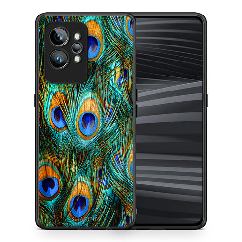 Θήκη Realme GT2 Real Peacock Feathers από τη Smartfits με σχέδιο στο πίσω μέρος και μαύρο περίβλημα | Realme GT2 Real Peacock Feathers Case with Colorful Back and Black Bezels