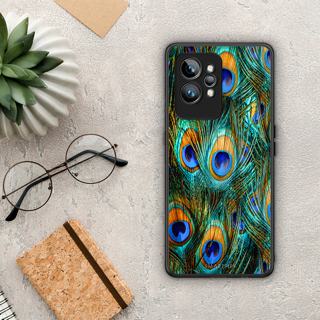 Θήκη Realme GT2 Pro Real Peacock Feathers από τη Smartfits με σχέδιο στο πίσω μέρος και μαύρο περίβλημα | Realme GT2 Pro Real Peacock Feathers Case with Colorful Back and Black Bezels