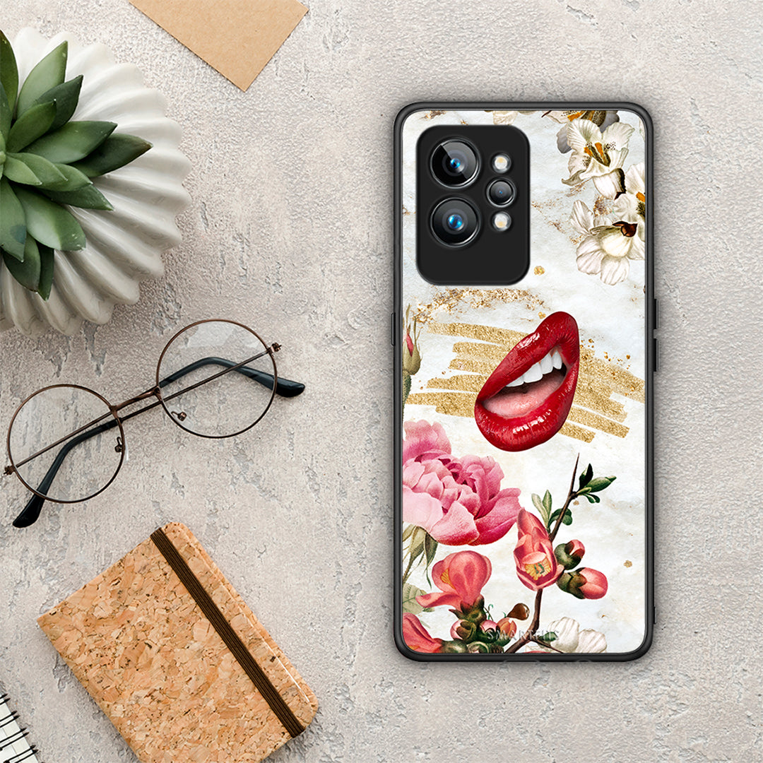 Θήκη Realme GT2 Red Lips από τη Smartfits με σχέδιο στο πίσω μέρος και μαύρο περίβλημα | Realme GT2 Red Lips Case with Colorful Back and Black Bezels