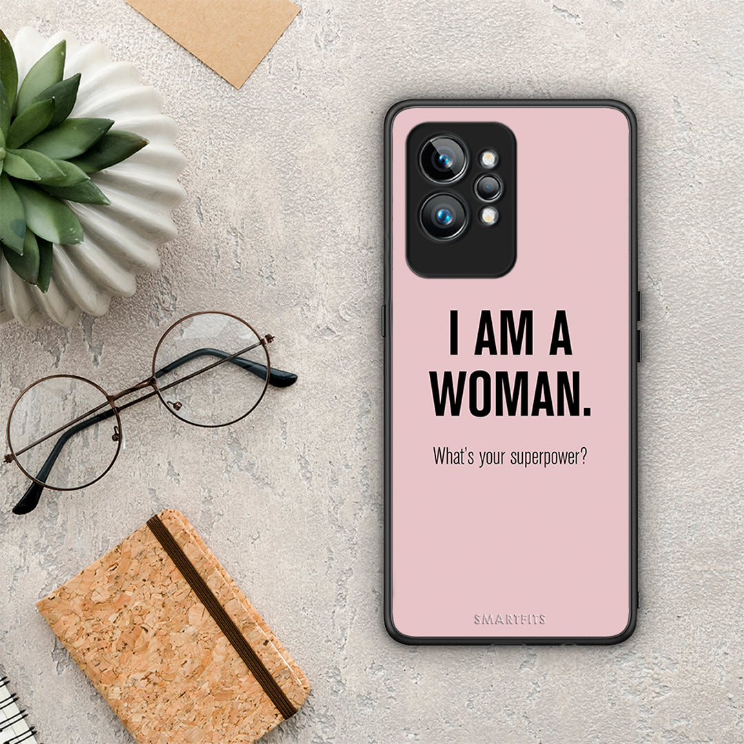 Θήκη Realme GT2 Superpower Woman από τη Smartfits με σχέδιο στο πίσω μέρος και μαύρο περίβλημα | Realme GT2 Superpower Woman Case with Colorful Back and Black Bezels