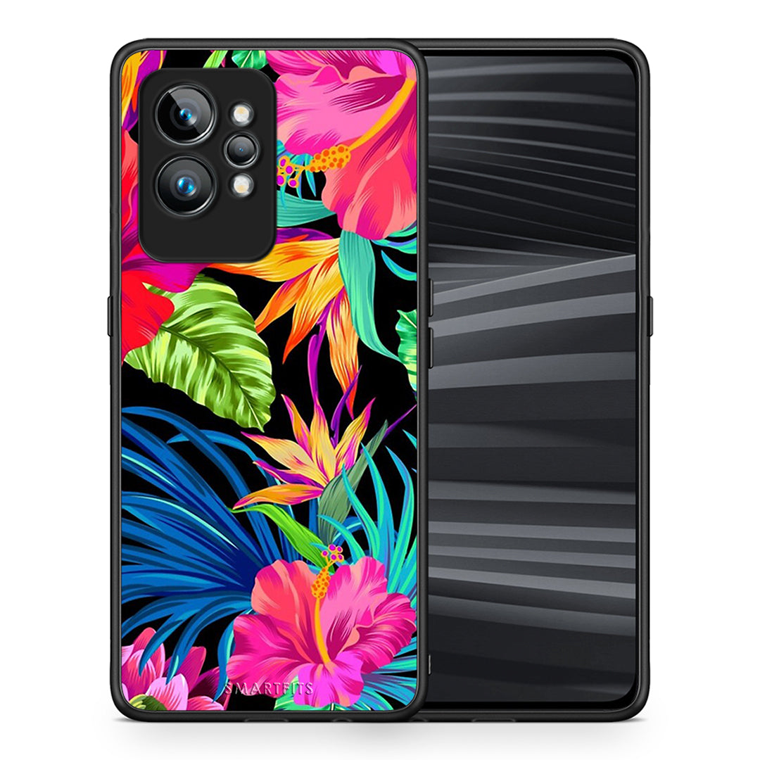 Θήκη Realme GT2 Tropical Flowers από τη Smartfits με σχέδιο στο πίσω μέρος και μαύρο περίβλημα | Realme GT2 Tropical Flowers Case with Colorful Back and Black Bezels