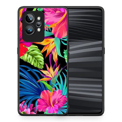Θήκη Realme GT2 Tropical Flowers από τη Smartfits με σχέδιο στο πίσω μέρος και μαύρο περίβλημα | Realme GT2 Tropical Flowers Case with Colorful Back and Black Bezels