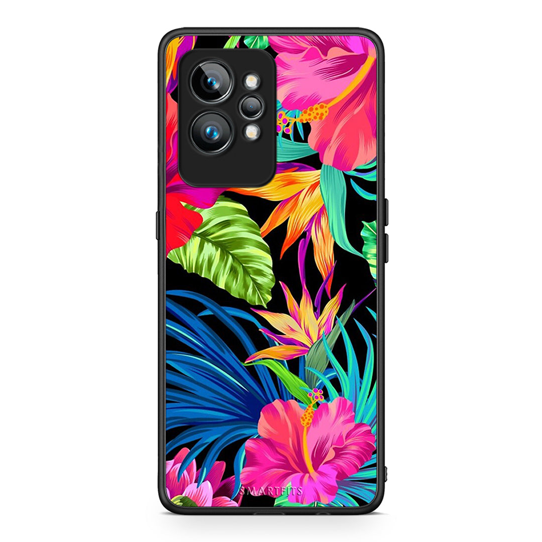 Θήκη Realme GT2 Tropical Flowers από τη Smartfits με σχέδιο στο πίσω μέρος και μαύρο περίβλημα | Realme GT2 Tropical Flowers Case with Colorful Back and Black Bezels