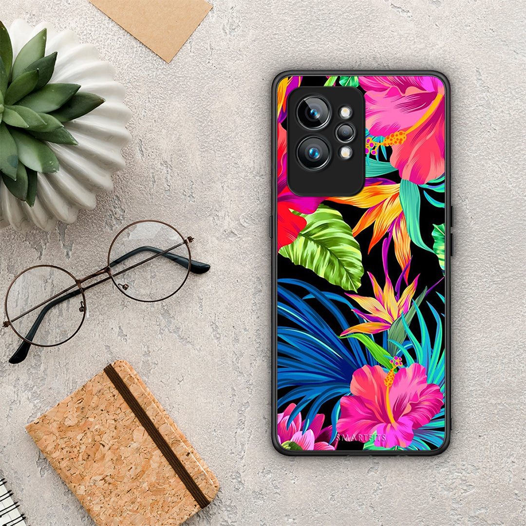 Θήκη Realme GT2 Pro Tropical Flowers από τη Smartfits με σχέδιο στο πίσω μέρος και μαύρο περίβλημα | Realme GT2 Pro Tropical Flowers Case with Colorful Back and Black Bezels