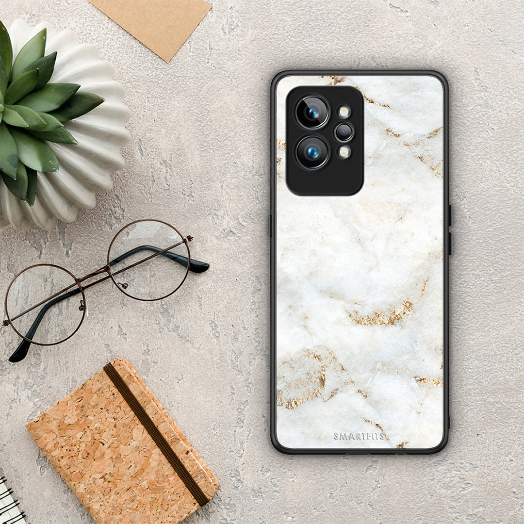 Θήκη Realme GT2 White Gold Marble από τη Smartfits με σχέδιο στο πίσω μέρος και μαύρο περίβλημα | Realme GT2 White Gold Marble Case with Colorful Back and Black Bezels