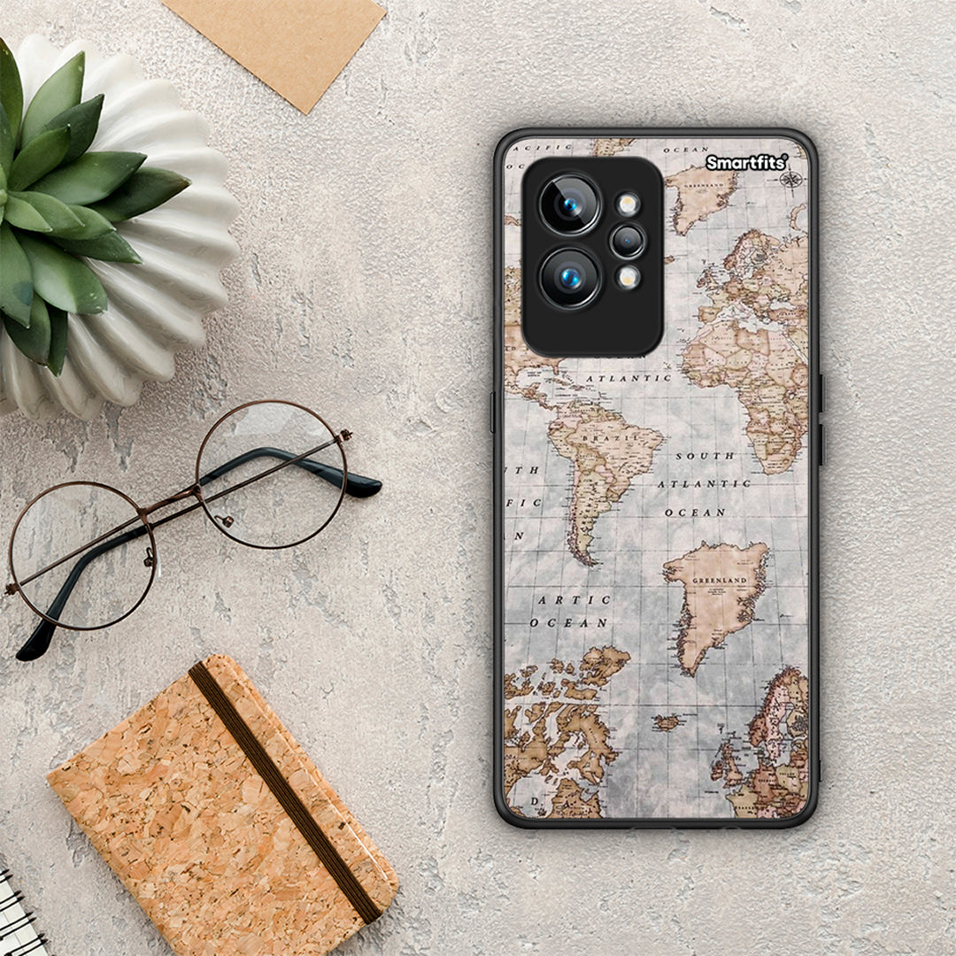 Θήκη Realme GT2 World Map από τη Smartfits με σχέδιο στο πίσω μέρος και μαύρο περίβλημα | Realme GT2 World Map Case with Colorful Back and Black Bezels