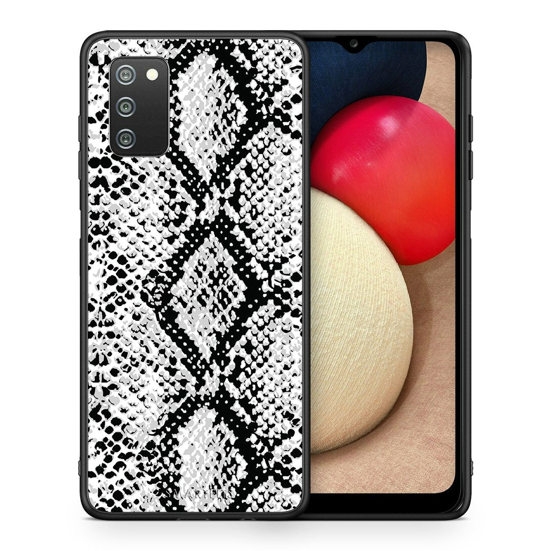 Θήκη Samsung A02s White Snake Animal από τη Smartfits με σχέδιο στο πίσω μέρος και μαύρο περίβλημα | Samsung A02s White Snake Animal case with colorful back and black bezels