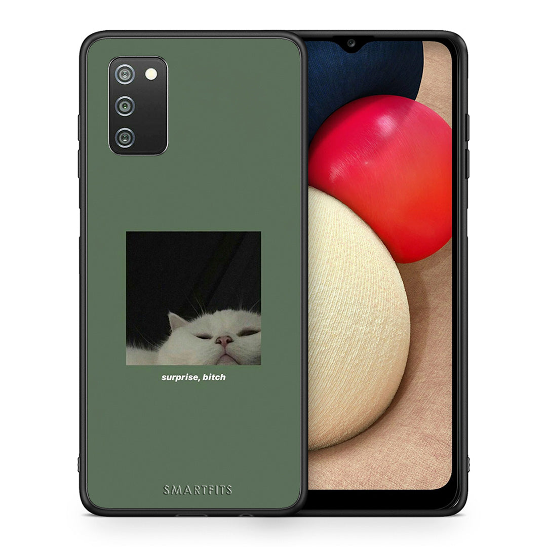 Θήκη Samsung A02s Bitch Surprise από τη Smartfits με σχέδιο στο πίσω μέρος και μαύρο περίβλημα | Samsung A02s Bitch Surprise case with colorful back and black bezels