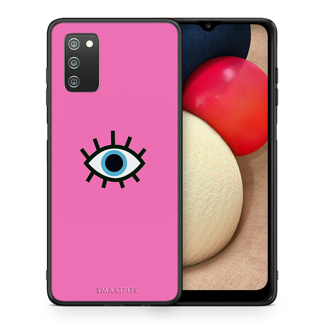 Θήκη Samsung A02s Blue Eye Pink από τη Smartfits με σχέδιο στο πίσω μέρος και μαύρο περίβλημα | Samsung A02s Blue Eye Pink case with colorful back and black bezels