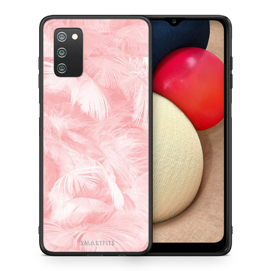 Θήκη Samsung A02s Pink Feather Boho από τη Smartfits με σχέδιο στο πίσω μέρος και μαύρο περίβλημα | Samsung A02s Pink Feather Boho case with colorful back and black bezels