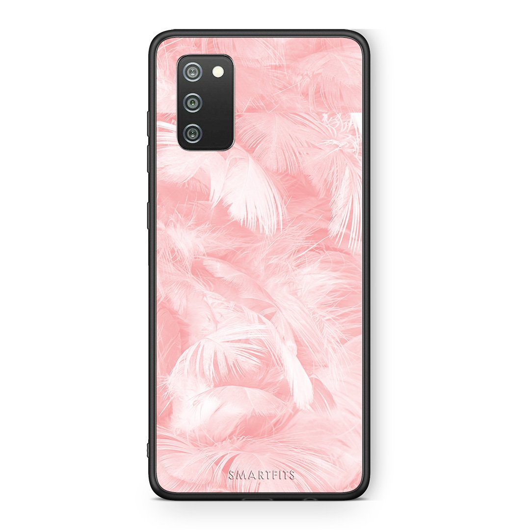 33 - Samsung A02s Pink Feather Boho case, cover, bumper