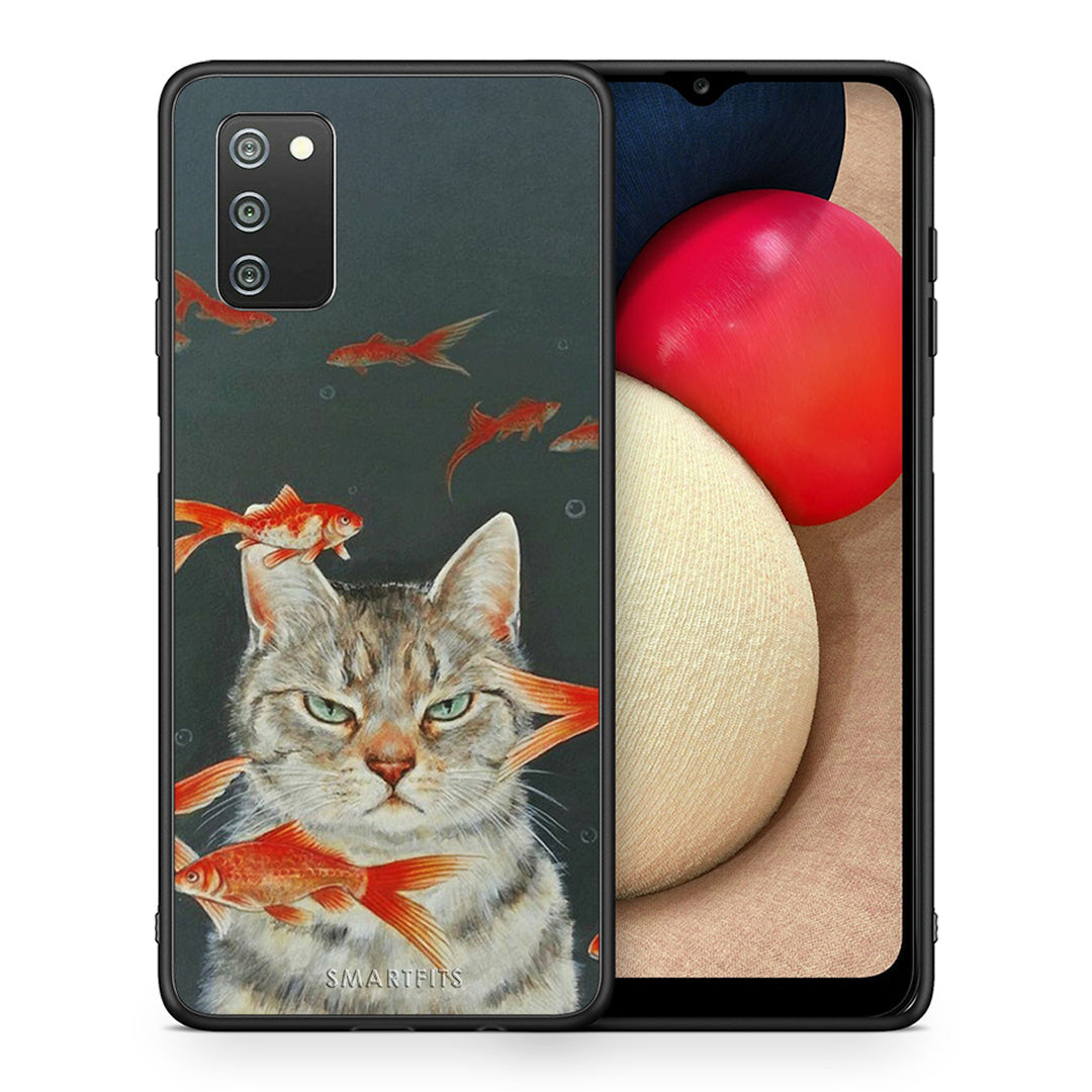Θήκη Samsung A02s Cat Goldfish από τη Smartfits με σχέδιο στο πίσω μέρος και μαύρο περίβλημα | Samsung A02s Cat Goldfish case with colorful back and black bezels