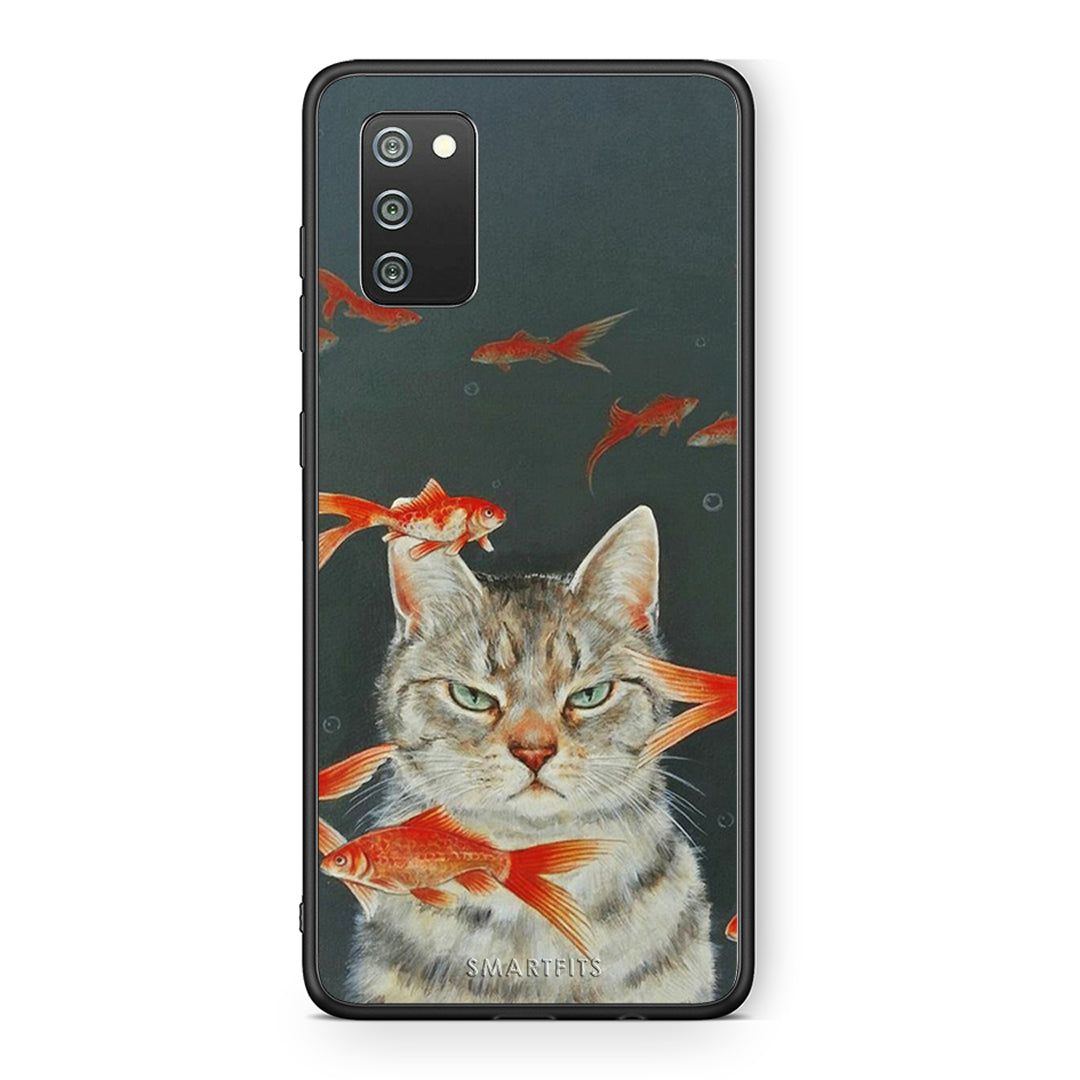 Samsung A02s Cat Goldfish θήκη από τη Smartfits με σχέδιο στο πίσω μέρος και μαύρο περίβλημα | Smartphone case with colorful back and black bezels by Smartfits