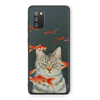 Thumbnail for Samsung A02s Cat Goldfish θήκη από τη Smartfits με σχέδιο στο πίσω μέρος και μαύρο περίβλημα | Smartphone case with colorful back and black bezels by Smartfits