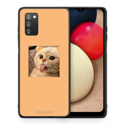 Θήκη Samsung A02s Cat Tongue από τη Smartfits με σχέδιο στο πίσω μέρος και μαύρο περίβλημα | Samsung A02s Cat Tongue case with colorful back and black bezels