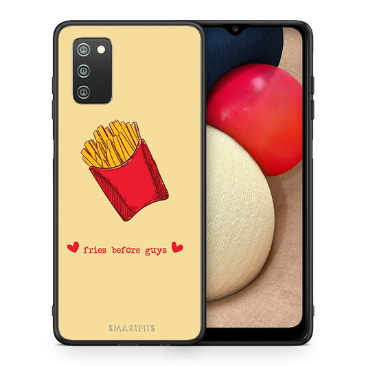 Θήκη Αγίου Βαλεντίνου Samsung A02s Fries Before Guys από τη Smartfits με σχέδιο στο πίσω μέρος και μαύρο περίβλημα | Samsung A02s Fries Before Guys case with colorful back and black bezels