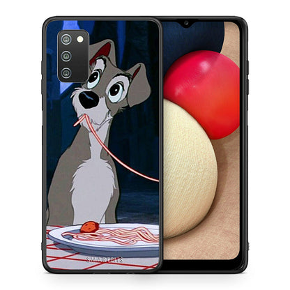 Θήκη Αγίου Βαλεντίνου Samsung A02s Lady And Tramp 1 από τη Smartfits με σχέδιο στο πίσω μέρος και μαύρο περίβλημα | Samsung A02s Lady And Tramp 1 case with colorful back and black bezels