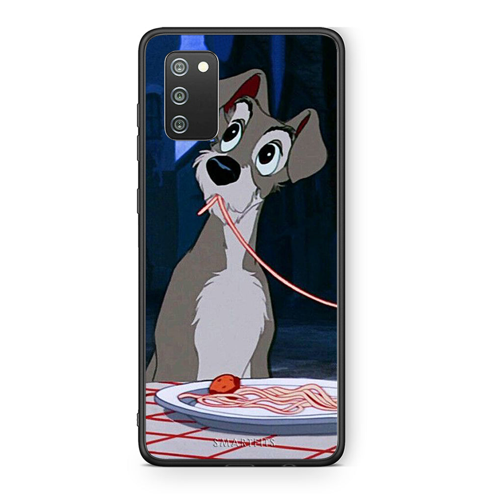 Samsung A02s Lady And Tramp 1 Θήκη Αγίου Βαλεντίνου από τη Smartfits με σχέδιο στο πίσω μέρος και μαύρο περίβλημα | Smartphone case with colorful back and black bezels by Smartfits