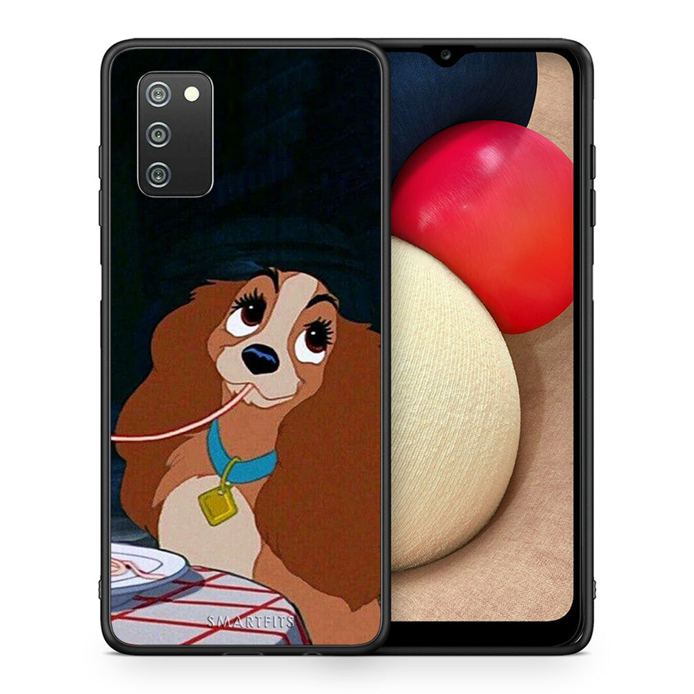 Θήκη Αγίου Βαλεντίνου Samsung A02s Lady And Tramp 2 από τη Smartfits με σχέδιο στο πίσω μέρος και μαύρο περίβλημα | Samsung A02s Lady And Tramp 2 case with colorful back and black bezels