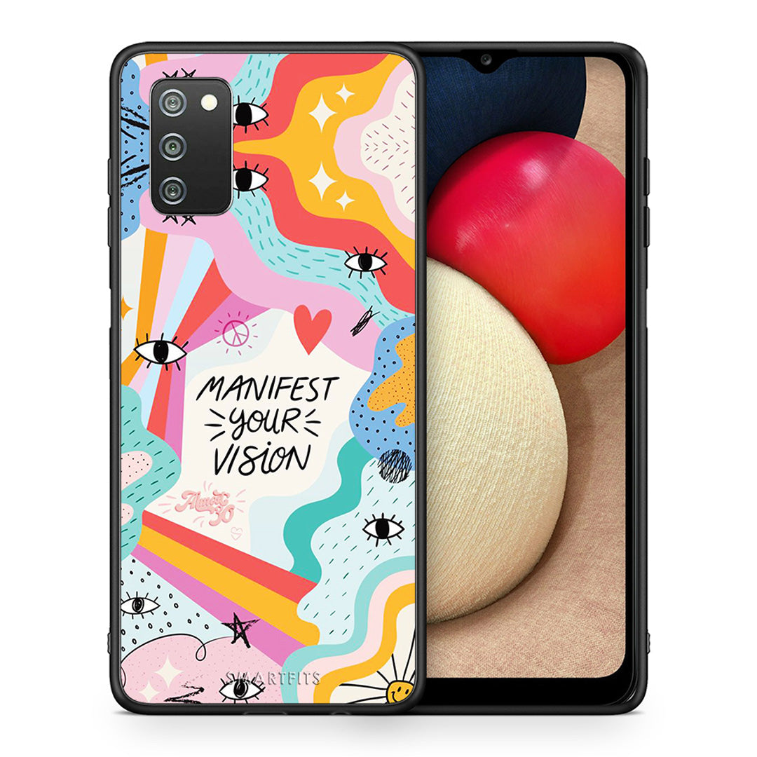 Θήκη Samsung A02s Manifest Your Vision από τη Smartfits με σχέδιο στο πίσω μέρος και μαύρο περίβλημα | Samsung A02s Manifest Your Vision case with colorful back and black bezels