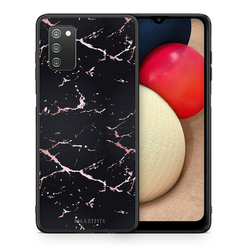 Θήκη Samsung A02s Black Rosegold Marble από τη Smartfits με σχέδιο στο πίσω μέρος και μαύρο περίβλημα | Samsung A02s Black Rosegold Marble case with colorful back and black bezels