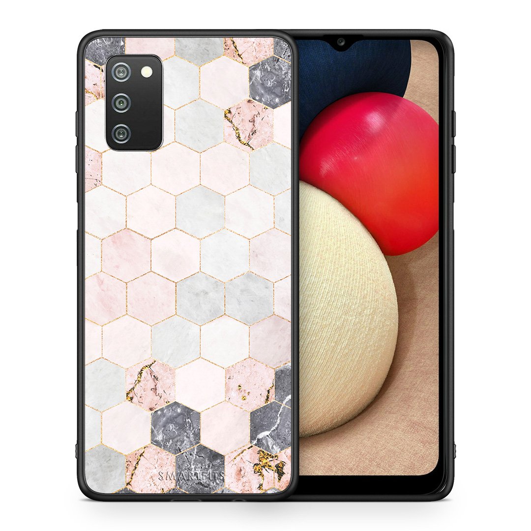 Θήκη Samsung A02s Hexagon Pink Marble από τη Smartfits με σχέδιο στο πίσω μέρος και μαύρο περίβλημα | Samsung A02s Hexagon Pink Marble case with colorful back and black bezels
