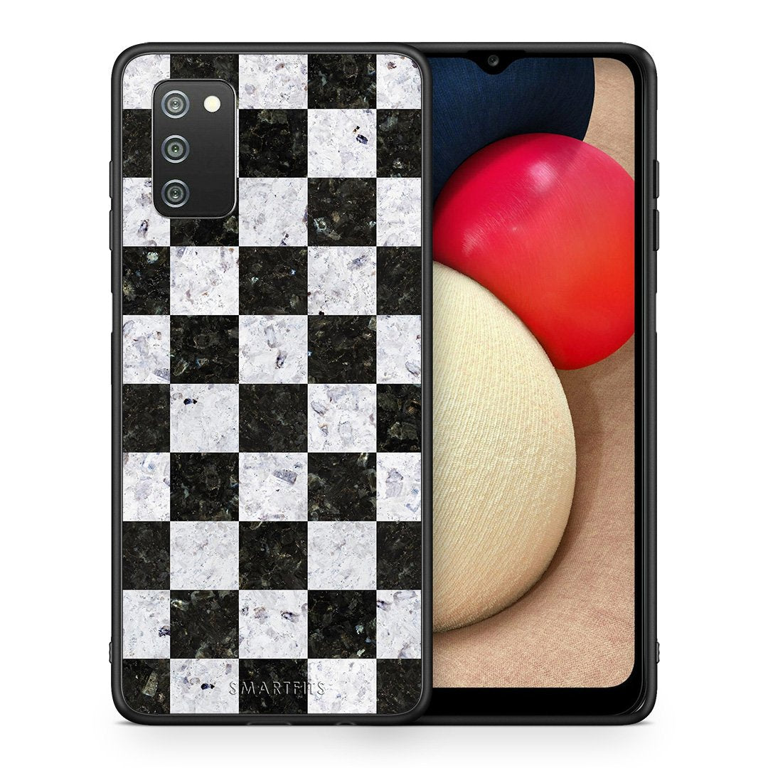 Θήκη Samsung A02s Square Geometric Marble από τη Smartfits με σχέδιο στο πίσω μέρος και μαύρο περίβλημα | Samsung A02s Square Geometric Marble case with colorful back and black bezels