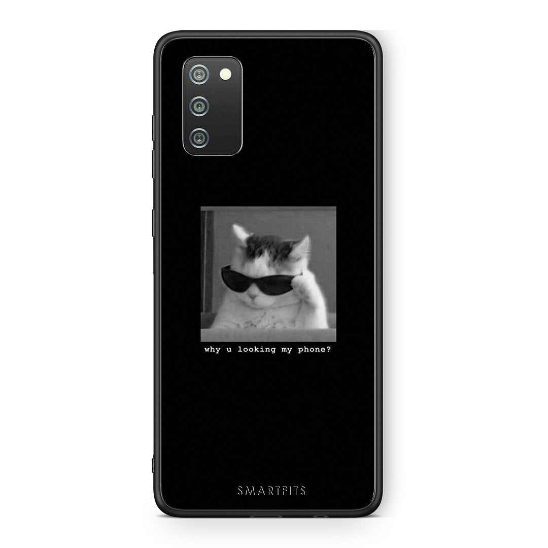 Samsung A02s Meme Cat θήκη από τη Smartfits με σχέδιο στο πίσω μέρος και μαύρο περίβλημα | Smartphone case with colorful back and black bezels by Smartfits