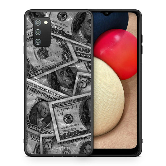 Θήκη Samsung A02s Money Dollars από τη Smartfits με σχέδιο στο πίσω μέρος και μαύρο περίβλημα | Samsung A02s Money Dollars case with colorful back and black bezels