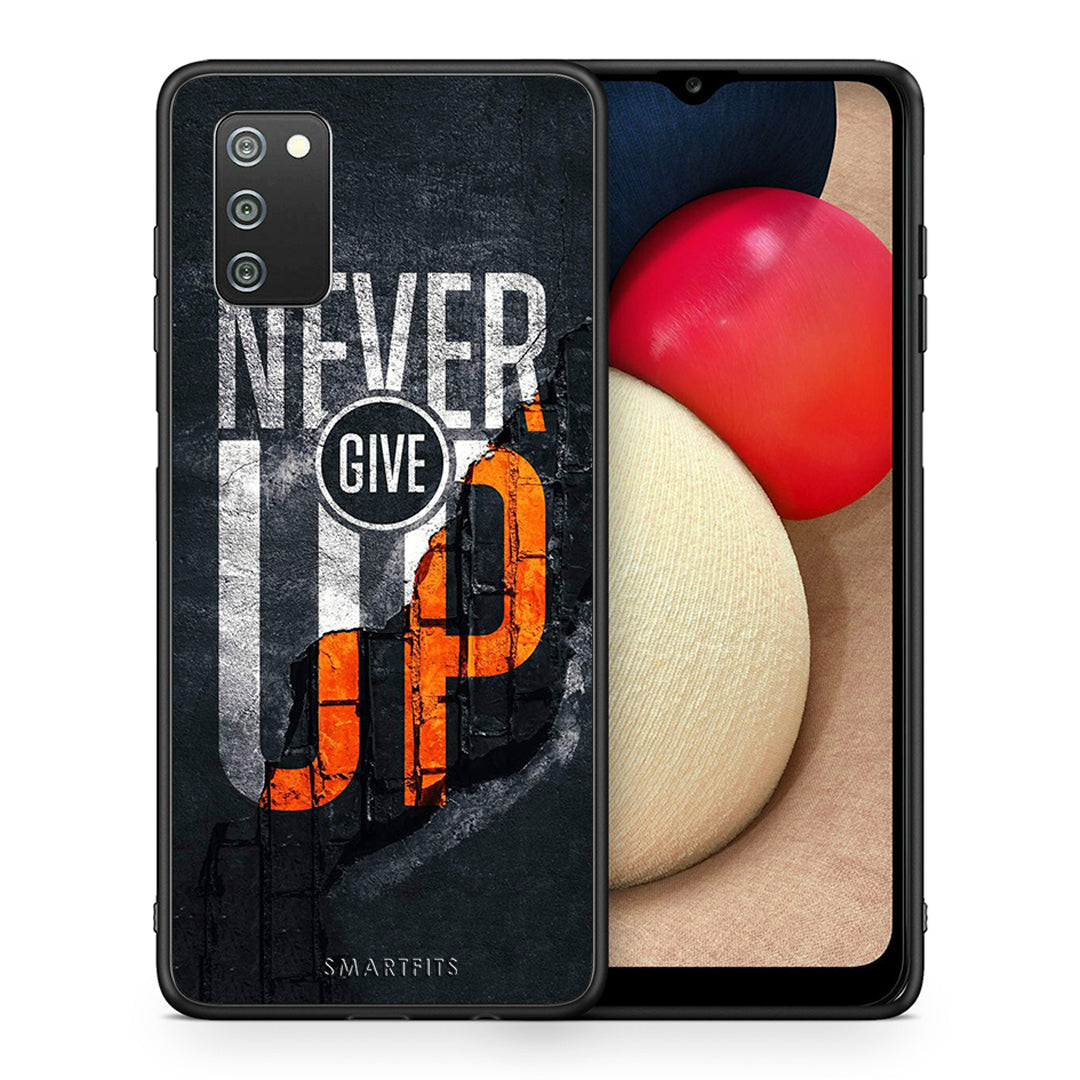 Θήκη Αγίου Βαλεντίνου Samsung A02s Never Give Up από τη Smartfits με σχέδιο στο πίσω μέρος και μαύρο περίβλημα | Samsung A02s Never Give Up case with colorful back and black bezels