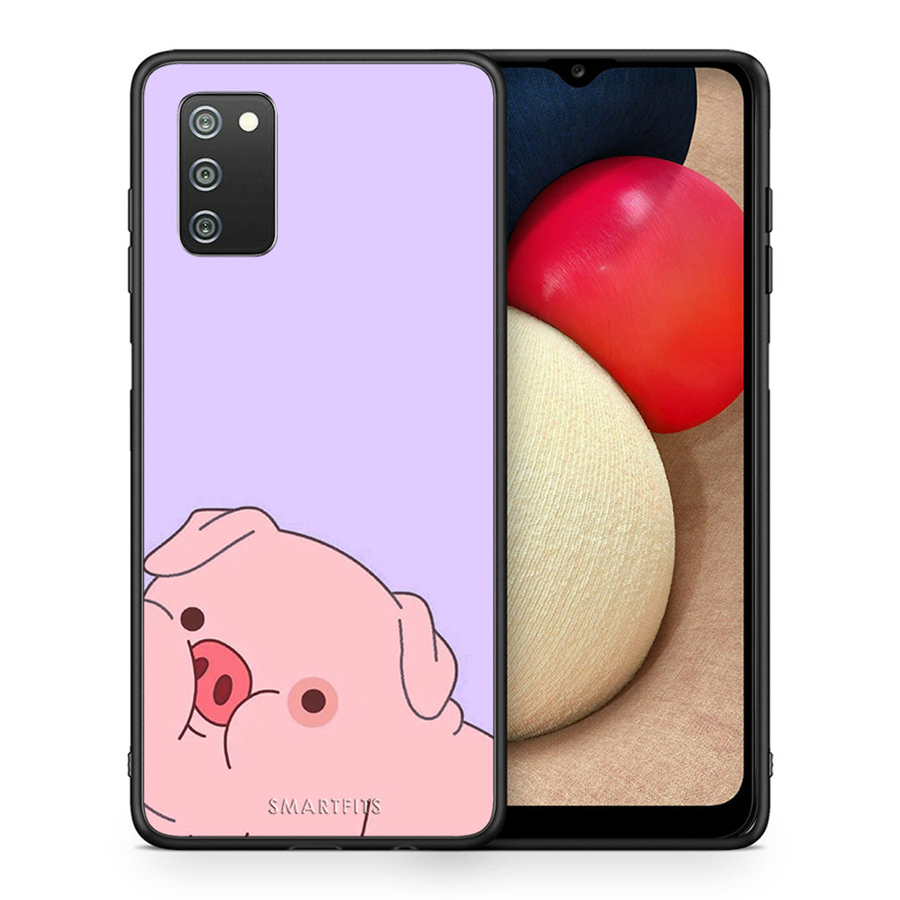 Θήκη Αγίου Βαλεντίνου Samsung A02s Pig Love 2 από τη Smartfits με σχέδιο στο πίσω μέρος και μαύρο περίβλημα | Samsung A02s Pig Love 2 case with colorful back and black bezels