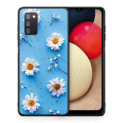 Θήκη Samsung A02s Real Daisies από τη Smartfits με σχέδιο στο πίσω μέρος και μαύρο περίβλημα | Samsung A02s Real Daisies case with colorful back and black bezels