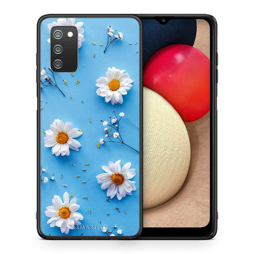 Θήκη Samsung A02s Real Daisies από τη Smartfits με σχέδιο στο πίσω μέρος και μαύρο περίβλημα | Samsung A02s Real Daisies case with colorful back and black bezels
