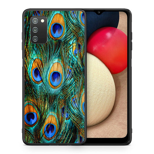 Θήκη Samsung A02s Real Peacock Feathers από τη Smartfits με σχέδιο στο πίσω μέρος και μαύρο περίβλημα | Samsung A02s Real Peacock Feathers case with colorful back and black bezels