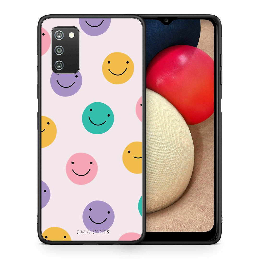 Θήκη Samsung A02s Smiley Faces από τη Smartfits με σχέδιο στο πίσω μέρος και μαύρο περίβλημα | Samsung A02s Smiley Faces case with colorful back and black bezels