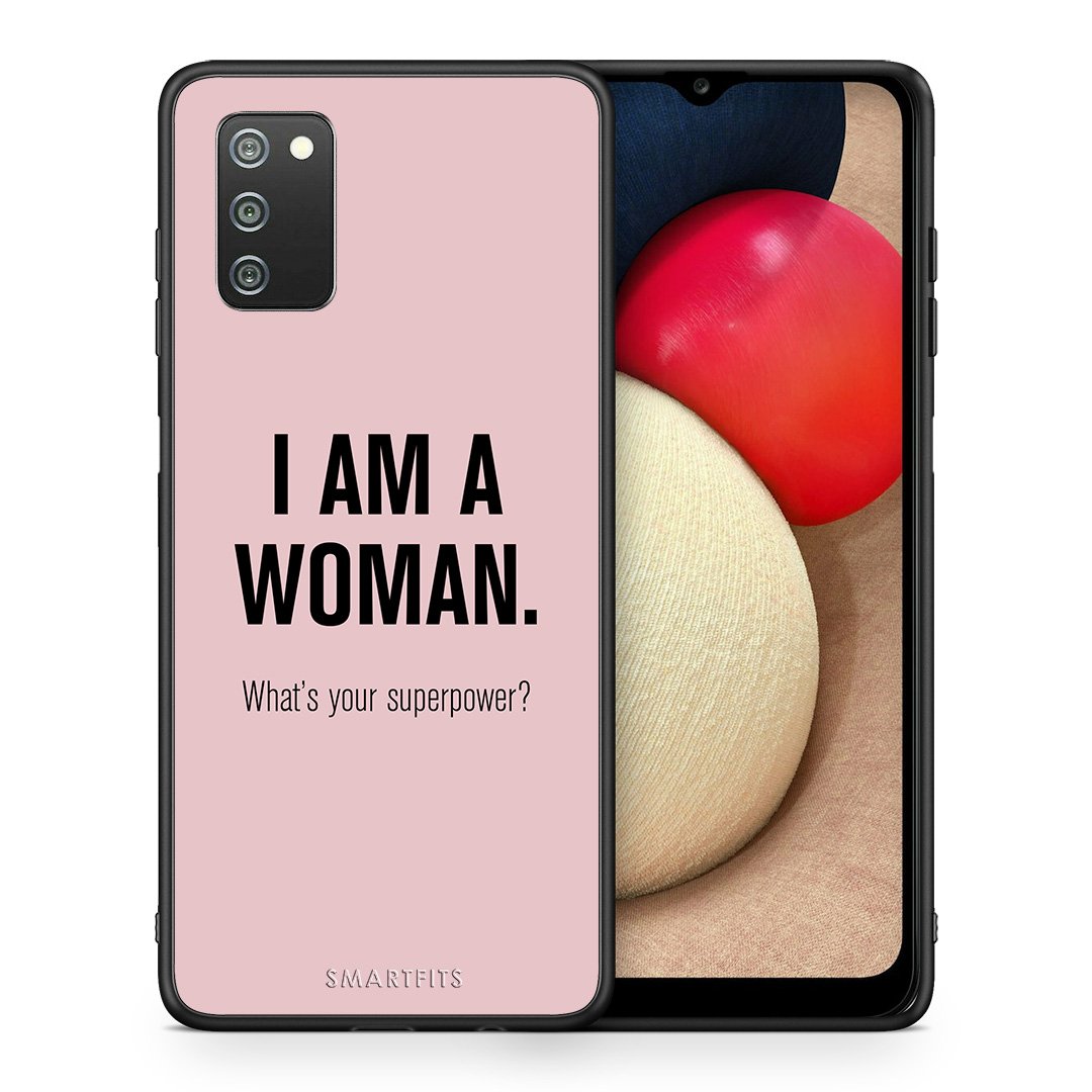 Θήκη Samsung A02s Superpower Woman από τη Smartfits με σχέδιο στο πίσω μέρος και μαύρο περίβλημα | Samsung A02s Superpower Woman case with colorful back and black bezels