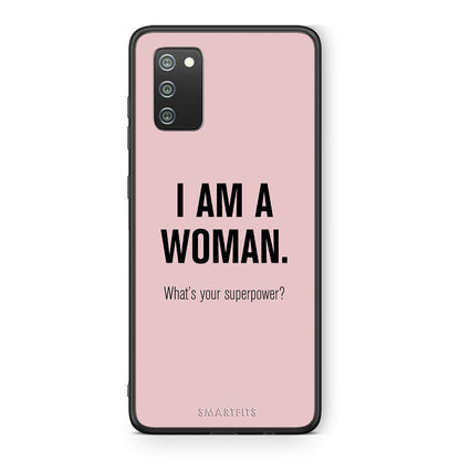 Samsung A02s Superpower Woman θήκη από τη Smartfits με σχέδιο στο πίσω μέρος και μαύρο περίβλημα | Smartphone case with colorful back and black bezels by Smartfits