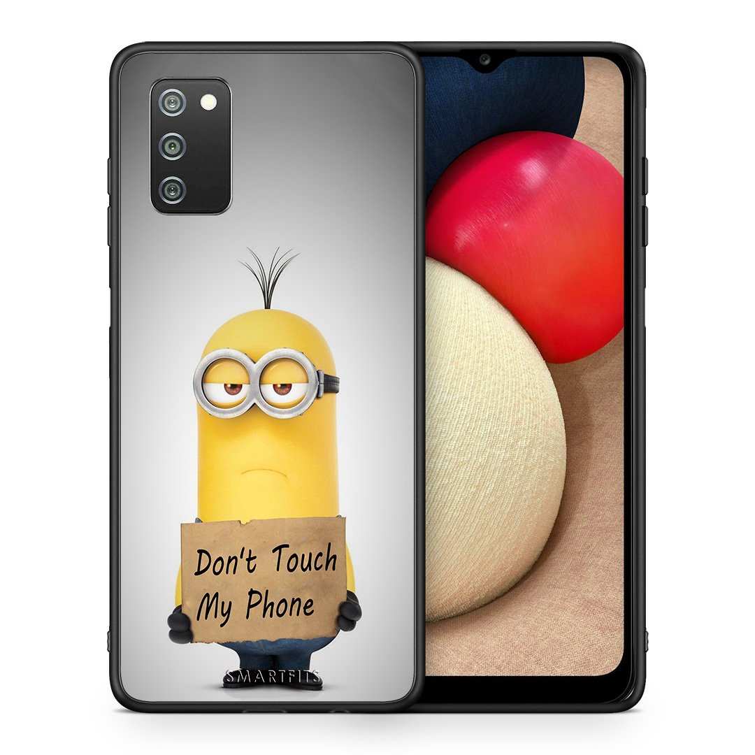 Θήκη Samsung A02s Minion Text από τη Smartfits με σχέδιο στο πίσω μέρος και μαύρο περίβλημα | Samsung A02s Minion Text case with colorful back and black bezels