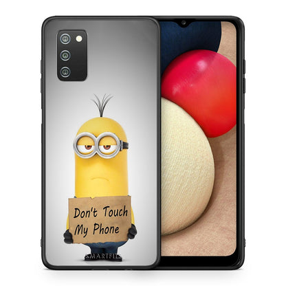 Θήκη Samsung A02s Minion Text από τη Smartfits με σχέδιο στο πίσω μέρος και μαύρο περίβλημα | Samsung A02s Minion Text case with colorful back and black bezels