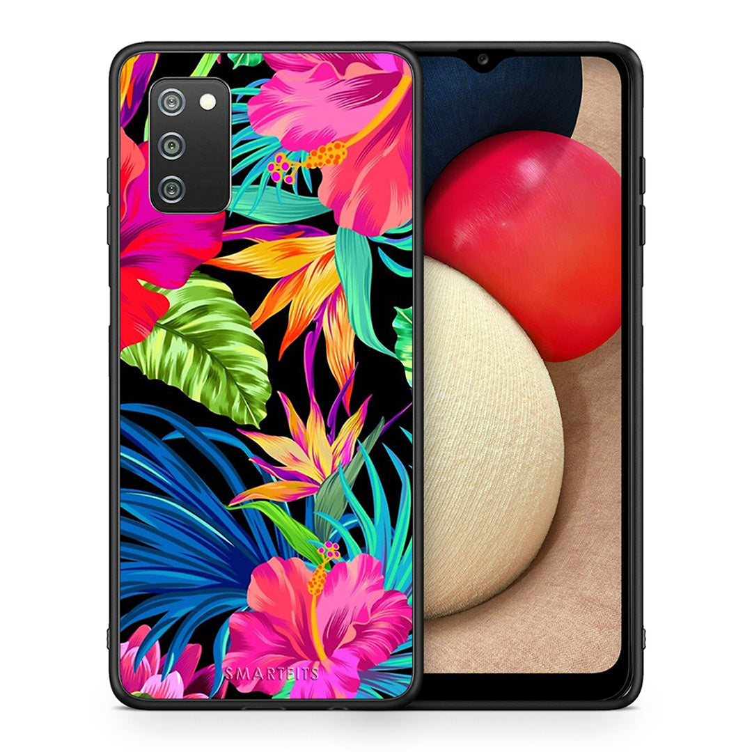 Θήκη Samsung A02s Tropical Flowers από τη Smartfits με σχέδιο στο πίσω μέρος και μαύρο περίβλημα | Samsung A02s Tropical Flowers case with colorful back and black bezels