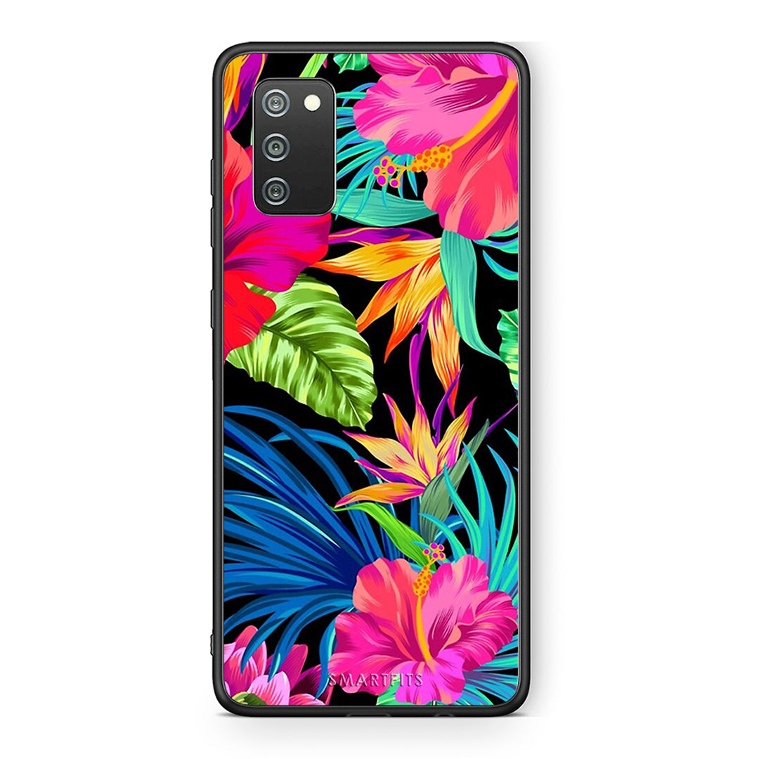 Samsung A02s Tropical Flowers θήκη από τη Smartfits με σχέδιο στο πίσω μέρος και μαύρο περίβλημα | Smartphone case with colorful back and black bezels by Smartfits