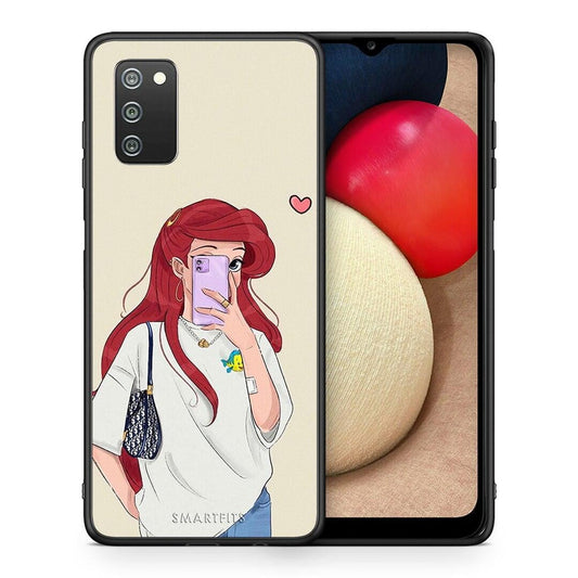 Θήκη Samsung A02s Walking Mermaid από τη Smartfits με σχέδιο στο πίσω μέρος και μαύρο περίβλημα | Samsung A02s Walking Mermaid case with colorful back and black bezels