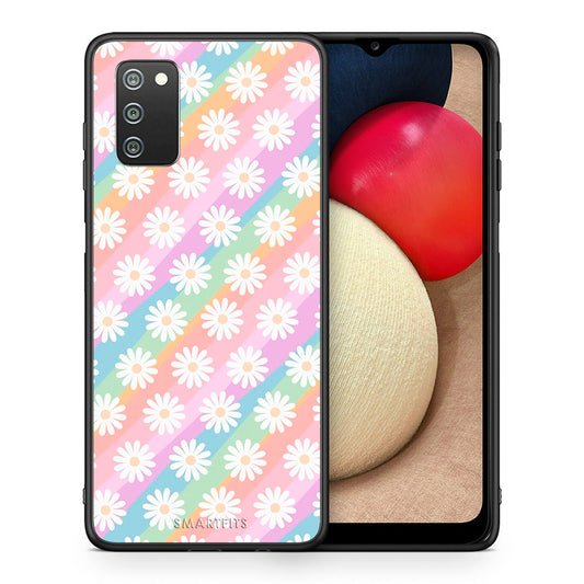 Θήκη Samsung A02s White Daisies από τη Smartfits με σχέδιο στο πίσω μέρος και μαύρο περίβλημα | Samsung A02s White Daisies case with colorful back and black bezels